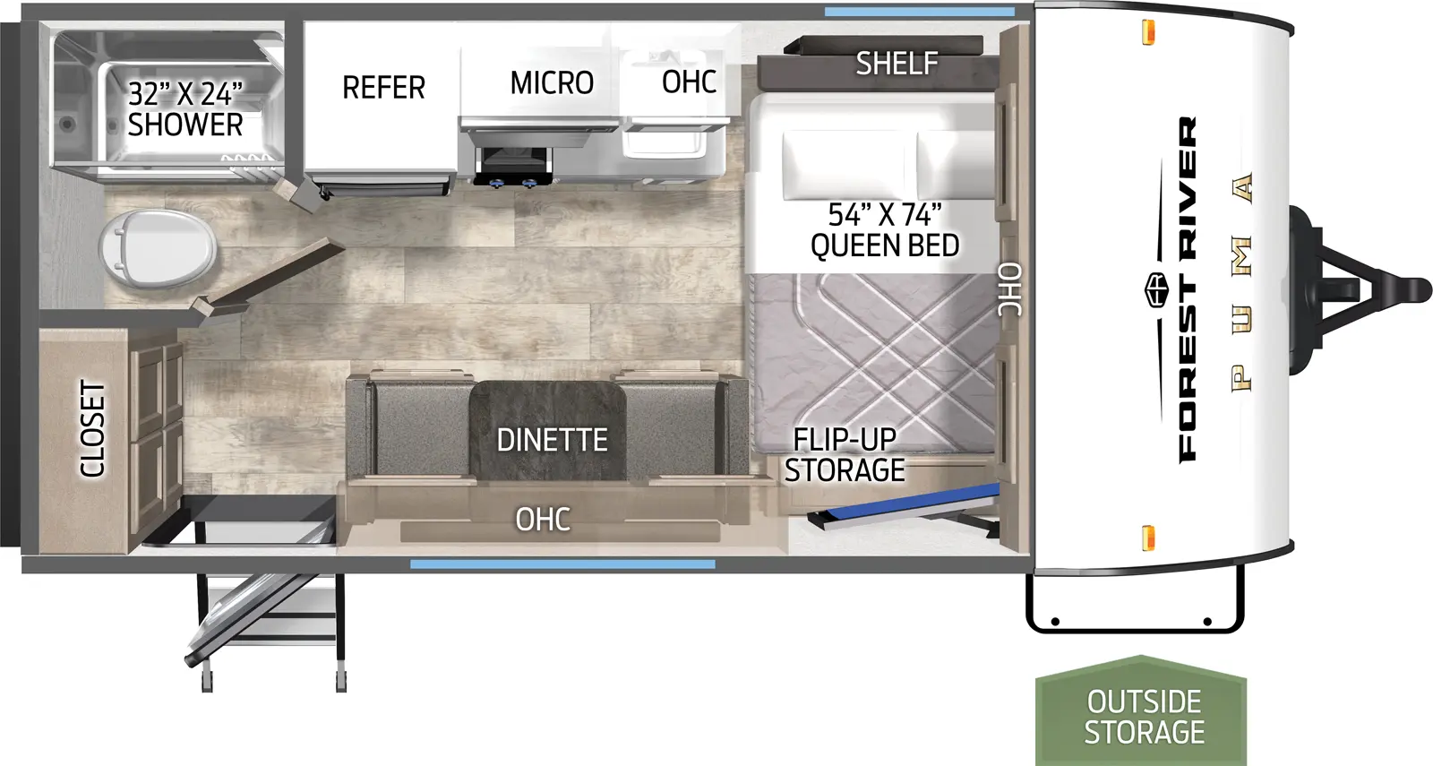 The Puma Camping Edition 12FBCE floorplan has one entry and zero slide outs. Exterior features include: metal exterior and 11' awning. Interiors features include: front bedroom.